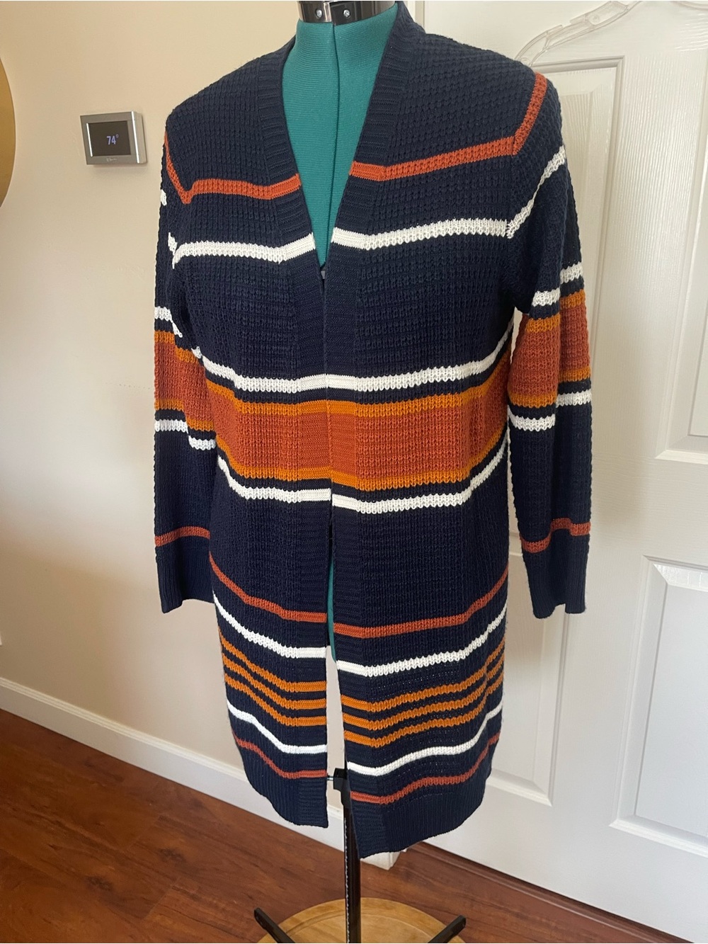 Macy's Navy Open-Front Striped Cardigan with Rust & Cream - Picture 7 of 14